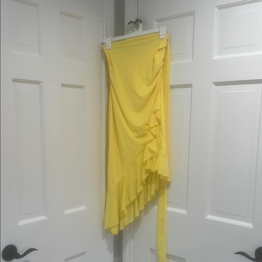 Peppermayo Yellow Wrap Midi Dress Asymmetrical Ruffled